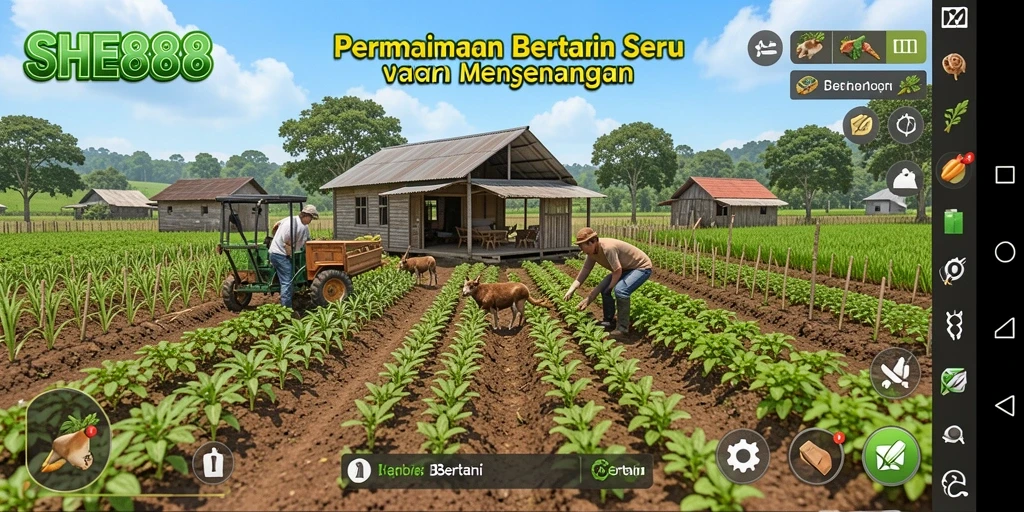 Antarmuka SHE888 yang menampilkan kebun yang indah dan subur.